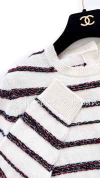 CHANEL 20S Ivory Stripes Cashmere Knit Back Buttons Cardigan Tops 36 シャネル アイボリー・ボーダー・カシミア・ニット・バックボタン・カーディガン・トップス 即発