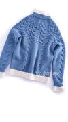 CHANEL 15PF Green Red Flower Patch Wool Cardigan Blue Sweater 34 36 38 シャネル グリーン・レッド・バイカラー お花ワッペン・ウール・カーディガン・水色・セーター