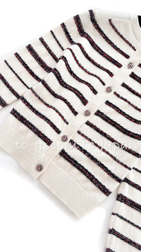 CHANEL 20S Ivory Stripes Cashmere Knit Back Buttons Cardigan Tops 36 シャネル アイボリー・ボーダー・カシミア・ニット・バックボタン・カーディガン・トップス 即発