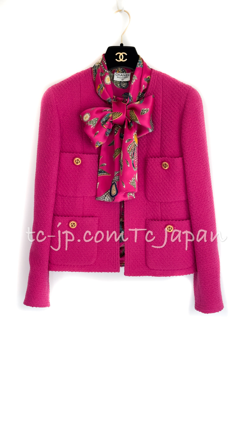 CHANEL 91A Vintage Pink Wool Silk Tweed Jacket Skirt Suit Tops 36 38 シャネル ヴィンテージ・ピンク・ウール・シルク・ツイード・ジャケット・スカート・ブラウストップス・スーツ 即発