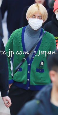 CHANEL 15PF Green Red Flower Patch Wool Cardigan Blue Sweater 34 36 38 シャネル グリーン・レッド・バイカラー お花ワッペン・ウール・カーディガン・水色・セーター