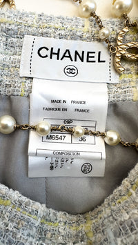 CHANEL 09S Light Gray Mint Cotton Wool Tweed Jacket Skirt Suit 34 36 シャネル ライト グレー ミント コットン ウール ツイード ジャケット スカート スーツ 即発