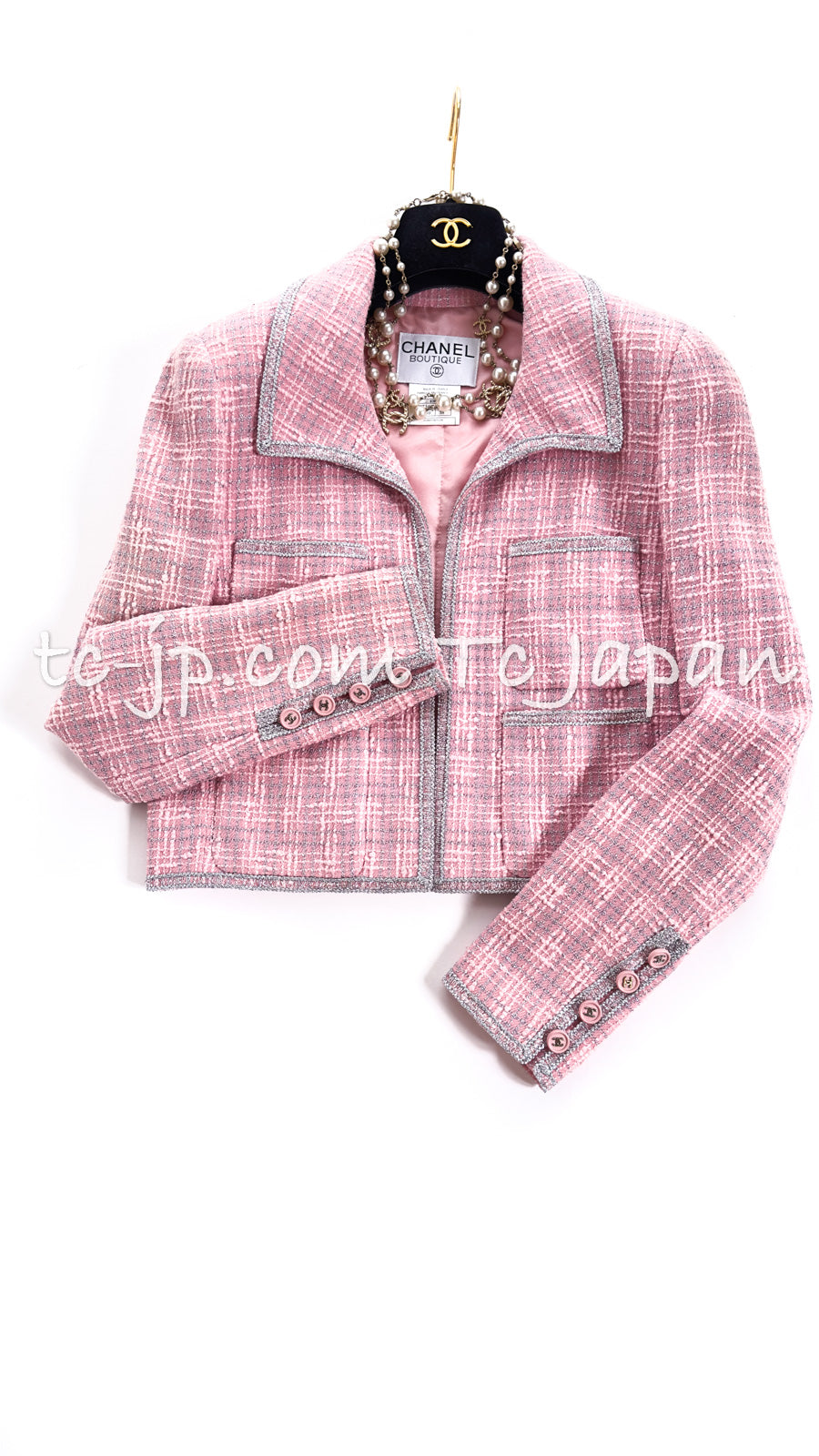 CHANEL 97S Vintage Pink Silver Tweed Jacket Skirt Setup Suit 38 シャネル  ヴィンテージ・ピンク・シルバー・ラメ・ジャケット・ワンピース・セットアップ・スーツ 即発