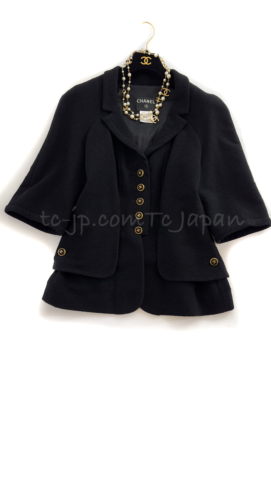 CHANEL 07S Black CC Button Wool Tweed Jacket Skirt Suit 46 シャネル ブラック CC ボタン  ウール ツイード ジャケット スカート スーツ 即発