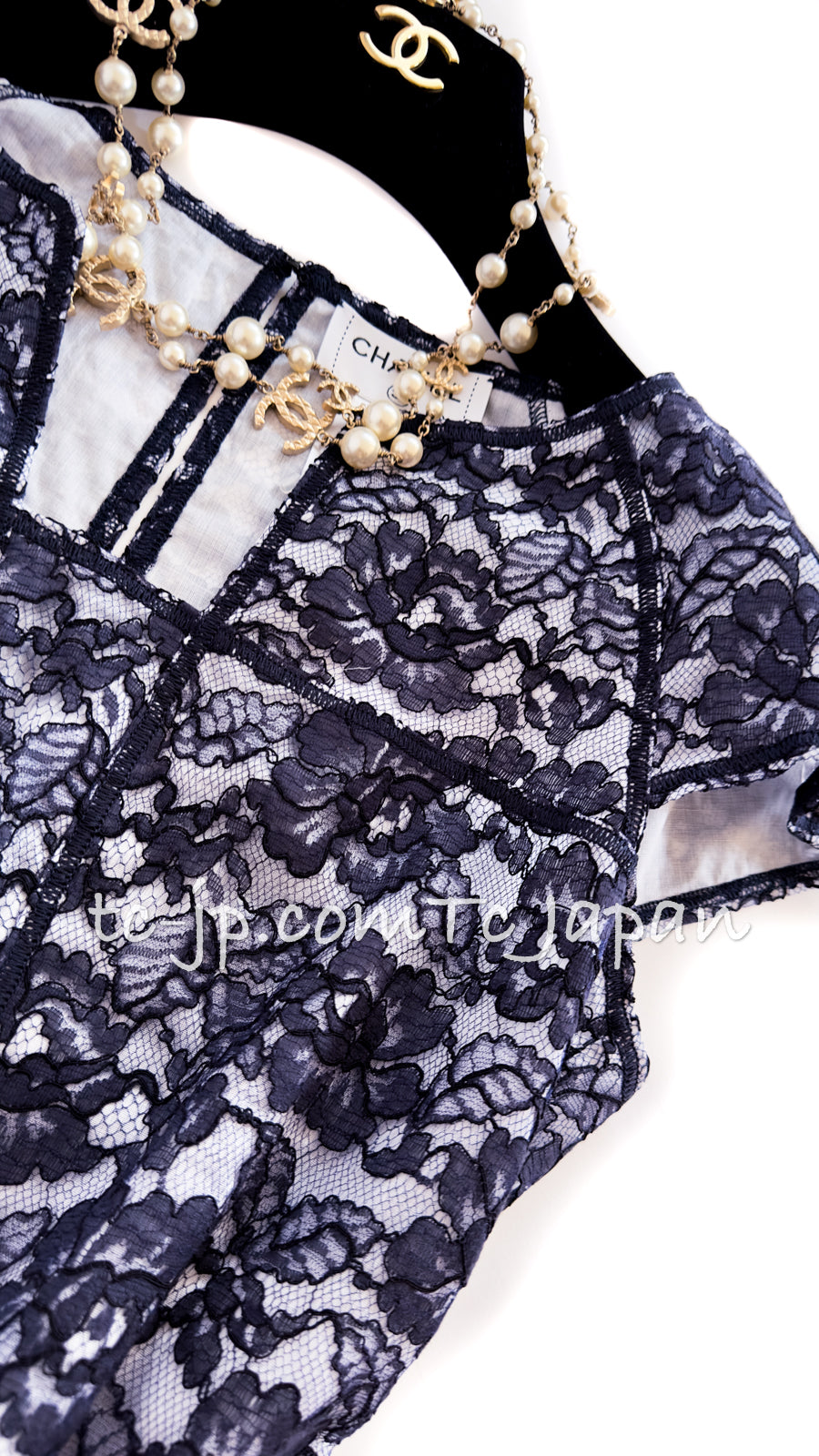 CHANEL 14C Black Navy Camellia Lace Dress Tops 38 シャネル  ブラック・ネイビー・ホワイト・レース・ワンピース・トップス 即発