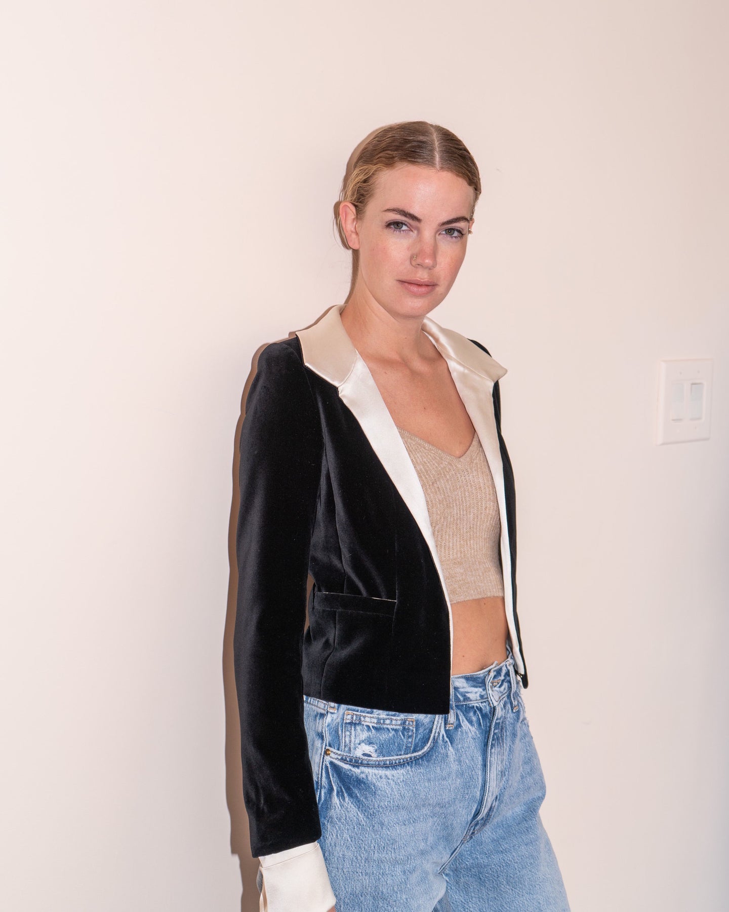 シャネル ジャケット CHANEL ブラック アイボリー 襟 ベルベット