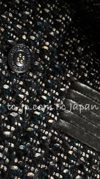 CHANEL 02A Black Metallic Tweed Lamb Leather Collar Jacket 44 シャネル ブラック メタリック ブレザー ツイード ラム レザー 襟 ジャケット 即発