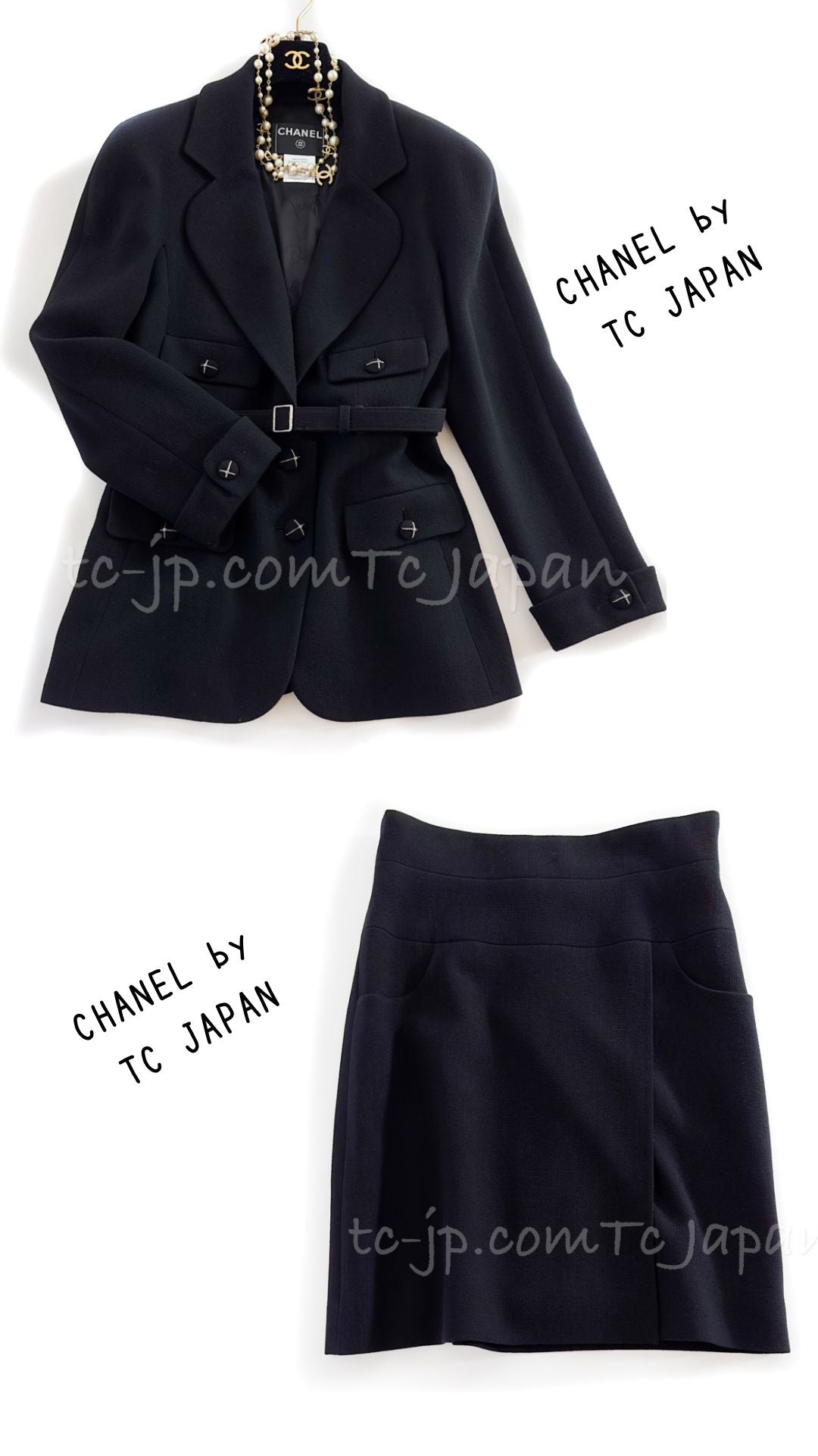 CHANEL 07A Black Dark Choco Brown Wool Jacket Skirt Suit with Belt 48 シャネル ブラック・ダークチョコブラウン・ベルト・ジャケット・スカート・スーツ 即発 - TC JAPAN