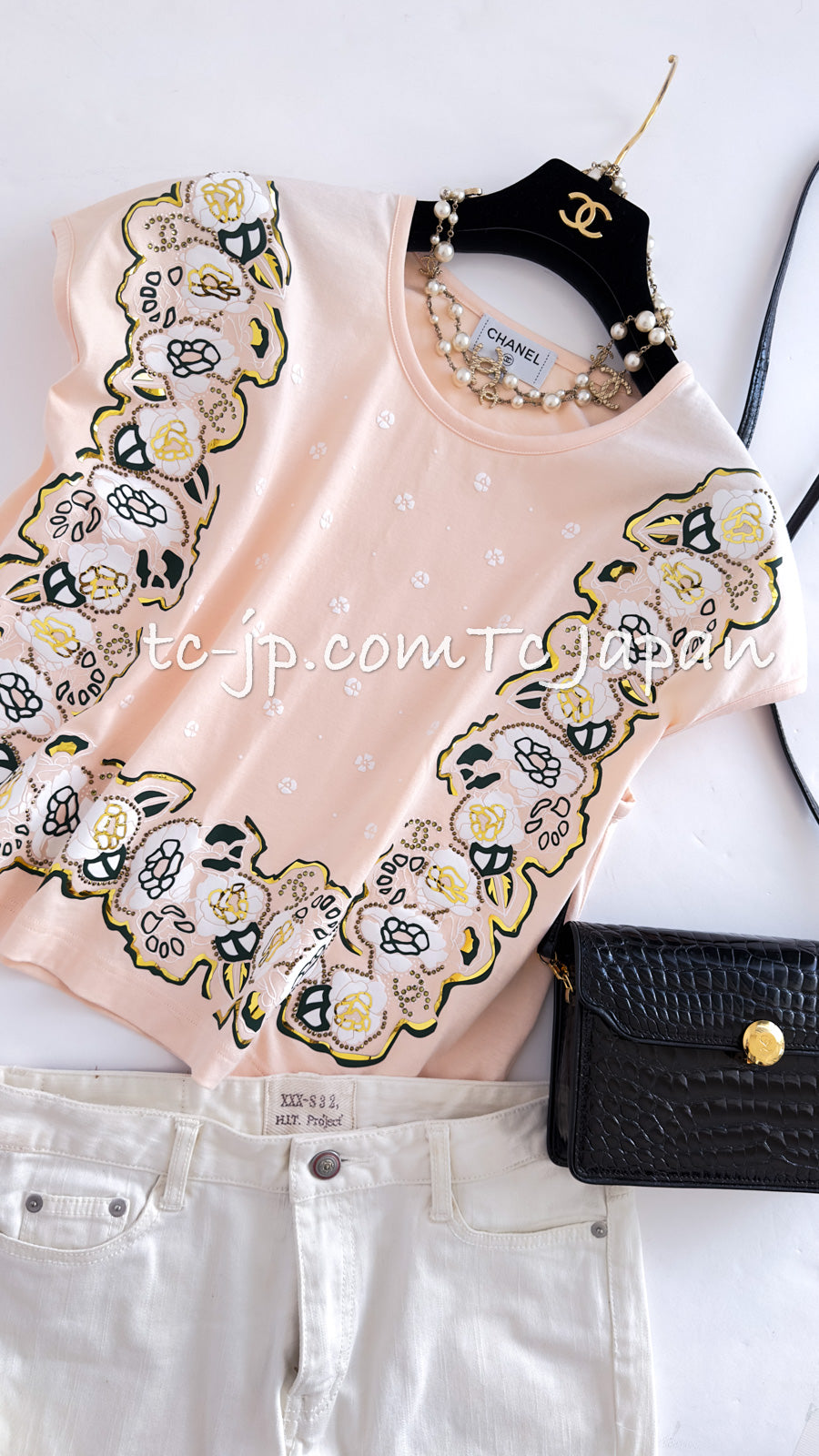 CHANEL 21PS CC Logo Camellia Rhinestone Cotton Sleeveless Tops T-shirt M  シャネル CCロゴ・カメリア・ラインストーン・ノースリーブ・トップス・Tシャツ 即発