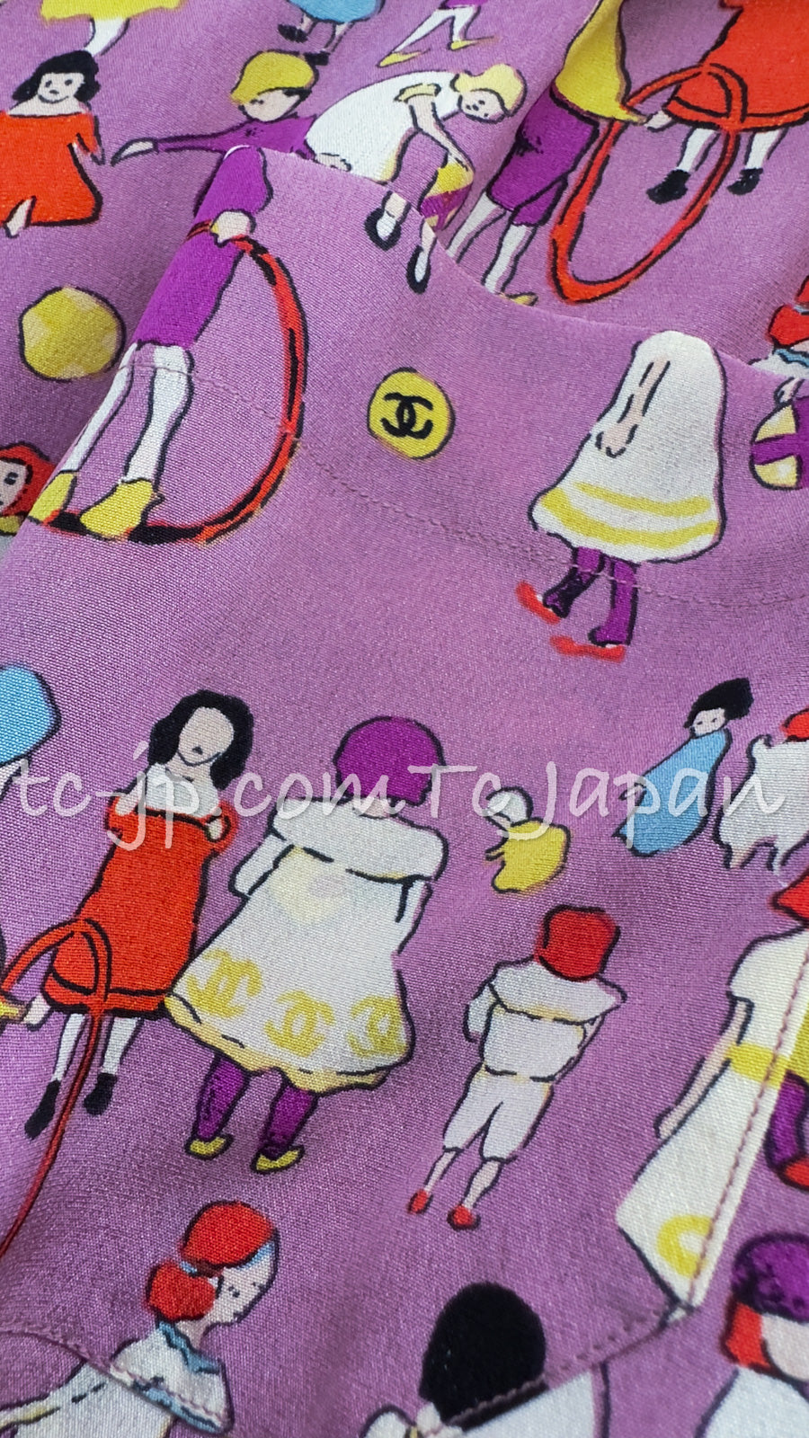 CHANEL 01S Vintage Purple Silk Blouse Shirts Tops 36 38 シャネル ヴィンテージ パープル  イラスト柄 シルク ブラウス シャツ トップス 即発