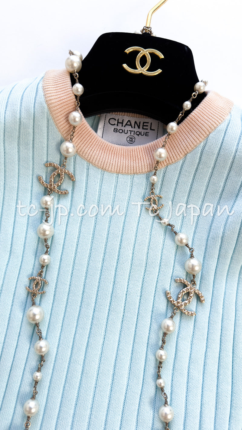CHANEL 97S Vintage Baby Blue Cotton Knit Tops 36 シャネル ヴィンテージ・バイカラー・ベビー ブルー・コットン・ニット・ノースリーブ・トップス