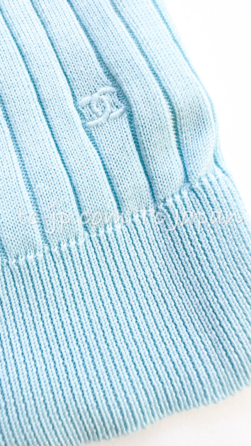 CHANEL 97S Vintage Baby Blue Cotton Knit Tops 36 シャネル ヴィンテージ・バイカラー・ベビー ブルー・コットン・ニット・ノースリーブ・トップス 即発