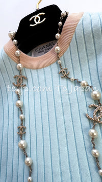 CHANEL 97S Vintage Baby Blue Cotton Knit Tops 36 シャネル ヴィンテージ・バイカラー・ベビー ブルー・コットン・ニット・ノースリーブ・トップス 即発
