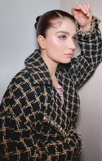 CHANEL 21S Black Beige Silk Cotton Tweed Jacket Silver Chain Trim No.5 Button 38 シャネル ブラック ベージュ シルク コットン ツイード ジャケット シルバー チェーン トリム No.5 ボタン 即発