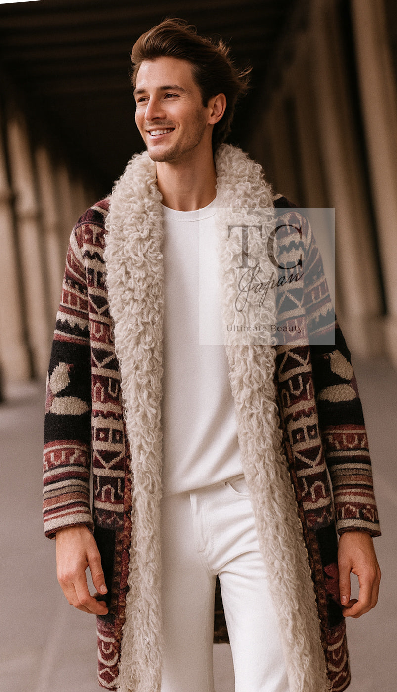 CHANEL 09PF Gray Purple Shearing Lamb Fur Trim Wool Mohair Knit Cardigan Coat 42 シャネル グレー パープル ラム ファートリム ウール モヘア ニット カーディガン コート 即発