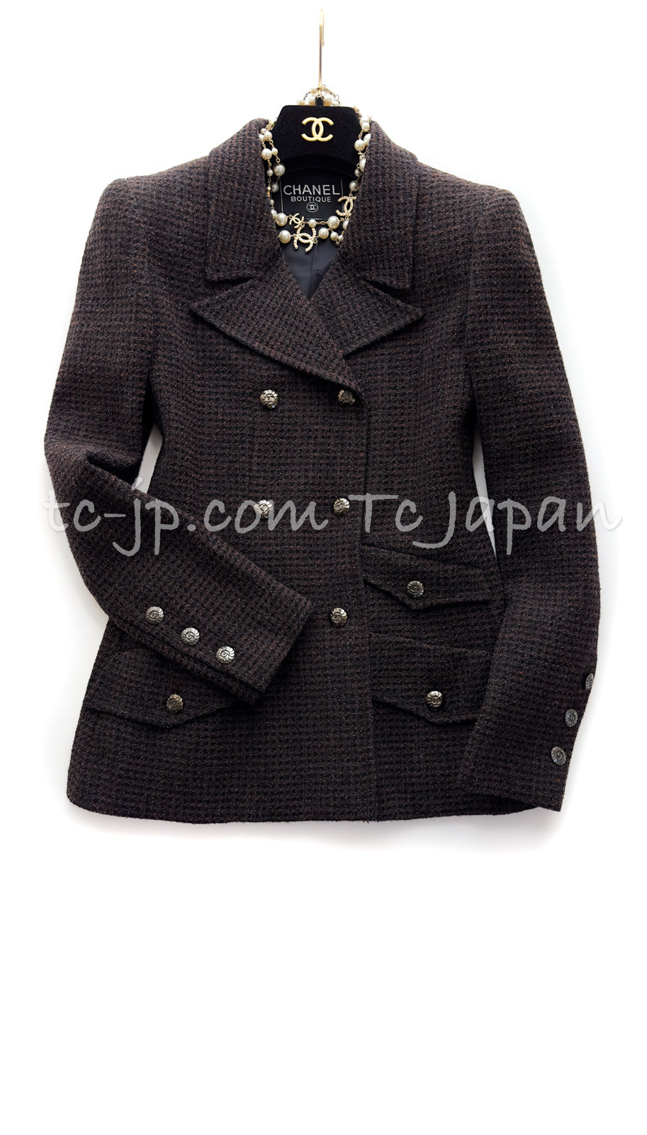 CHANEL 97A Vintage Dark Brown Wool Double Jacket Skirt Suit 36 38 シャネル  ヴィンテージ・ダークブラウン・ウール・ダブル・ジャケット・スカート・スーツ 即発