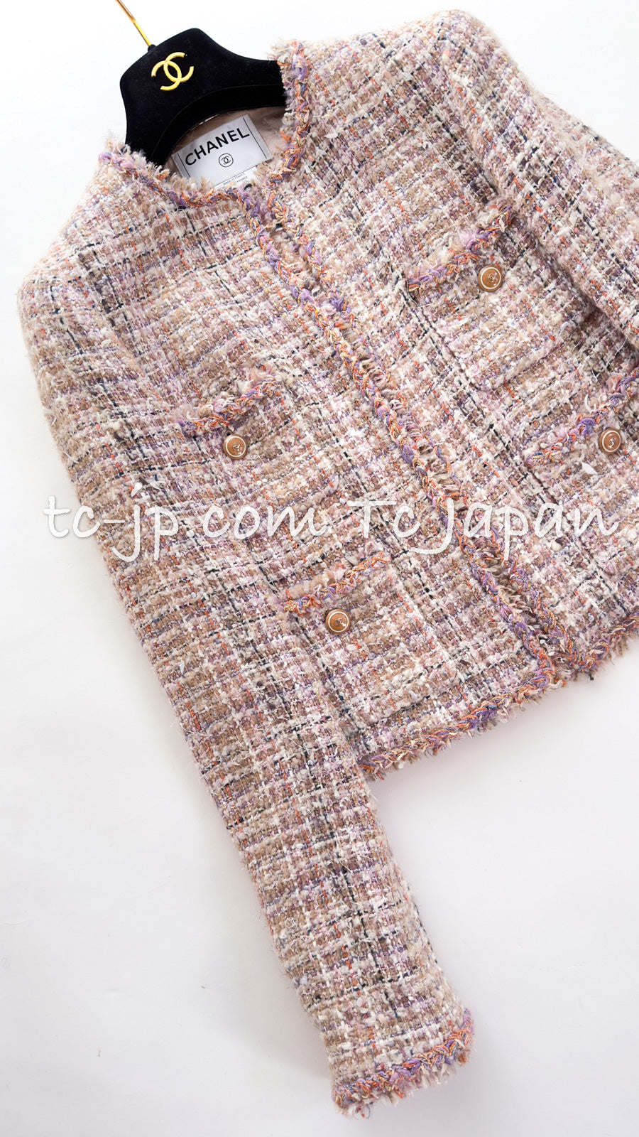 CHANEL 07C Pink Multi Collarless Tweed Jacket 34 シャネル  ピンク・ベージュ・ノーカラー・ツイード・ジャケット 即発