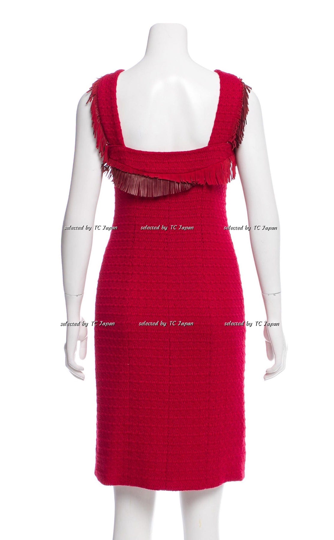 CHANEL 14PF Red Fringe Leather Trim Wool Tweed Dress 34 シャネル レッド フリンジ レザー  トリミング ウール ツイード ワンピース 即発