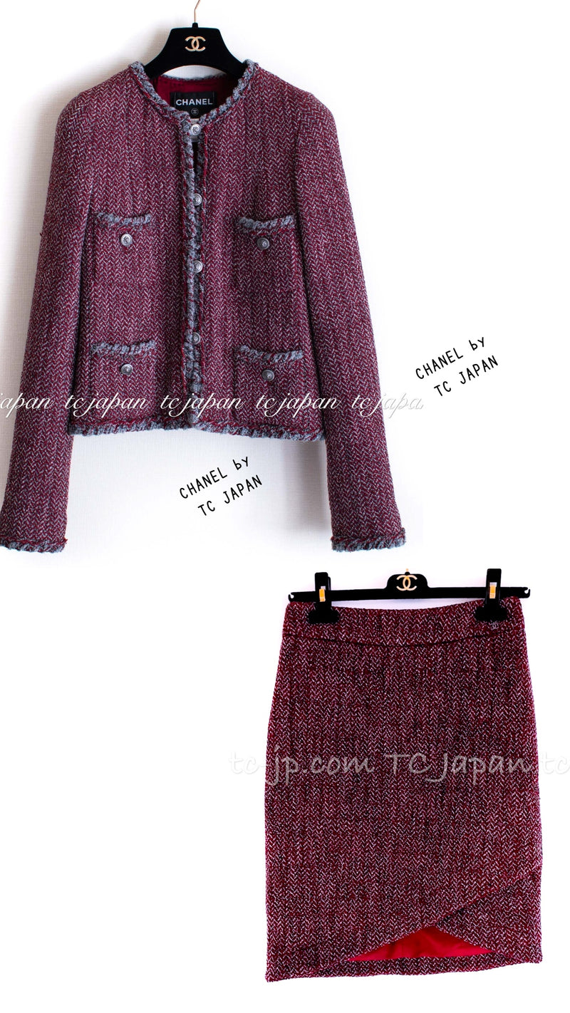 CHANEL 08A Red Grey Wool Tweed Jacket Skirt Suit 36 シャネル レッド・グレー・ウール・ツイード・ジャケット・スカート スーツ