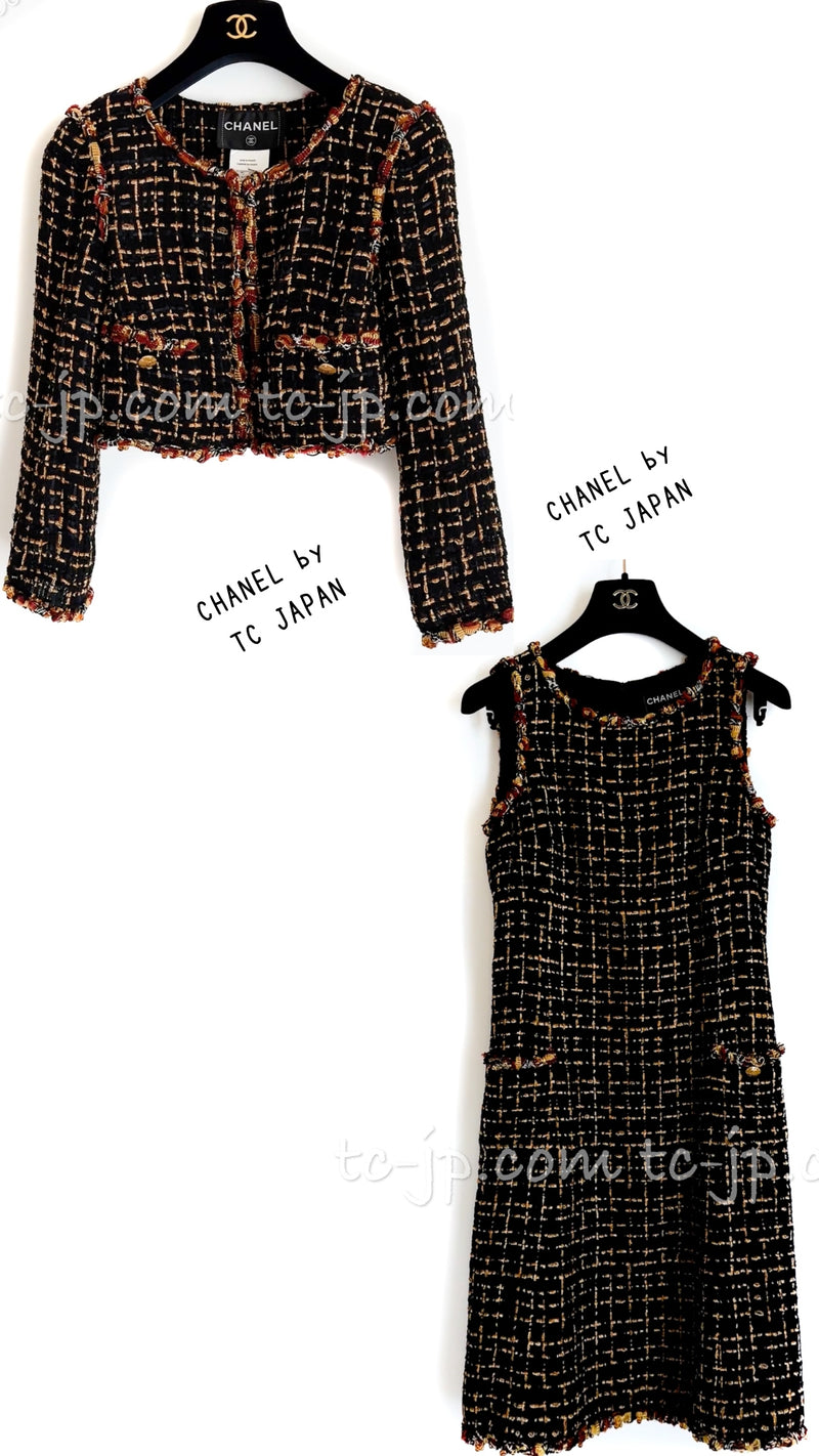 CHANEL 11C Black Brown Gold Beaded Braided Trim Jacket Dress 36 シャネル ブラック・ブラウン・ゴールド・ビーズ・ブレイドトリム・ジャケット・ワンピース 即発