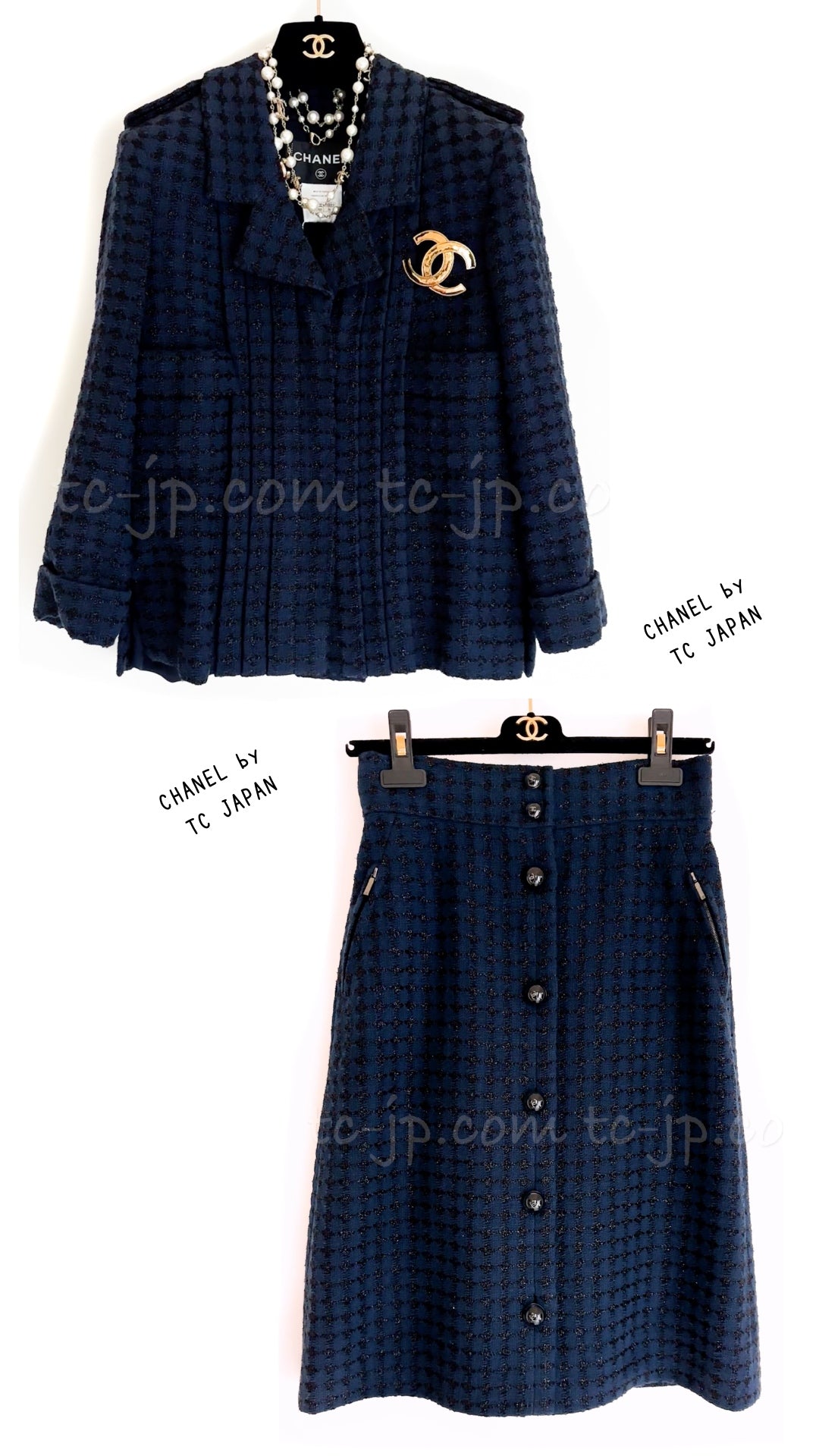 CHANEL 16S Navy Black Tweed Jacket Skirt Suit 36 38 シャネル ネイビー・ブラック・ツイード・ジャケット・スカート・スーツ 即発