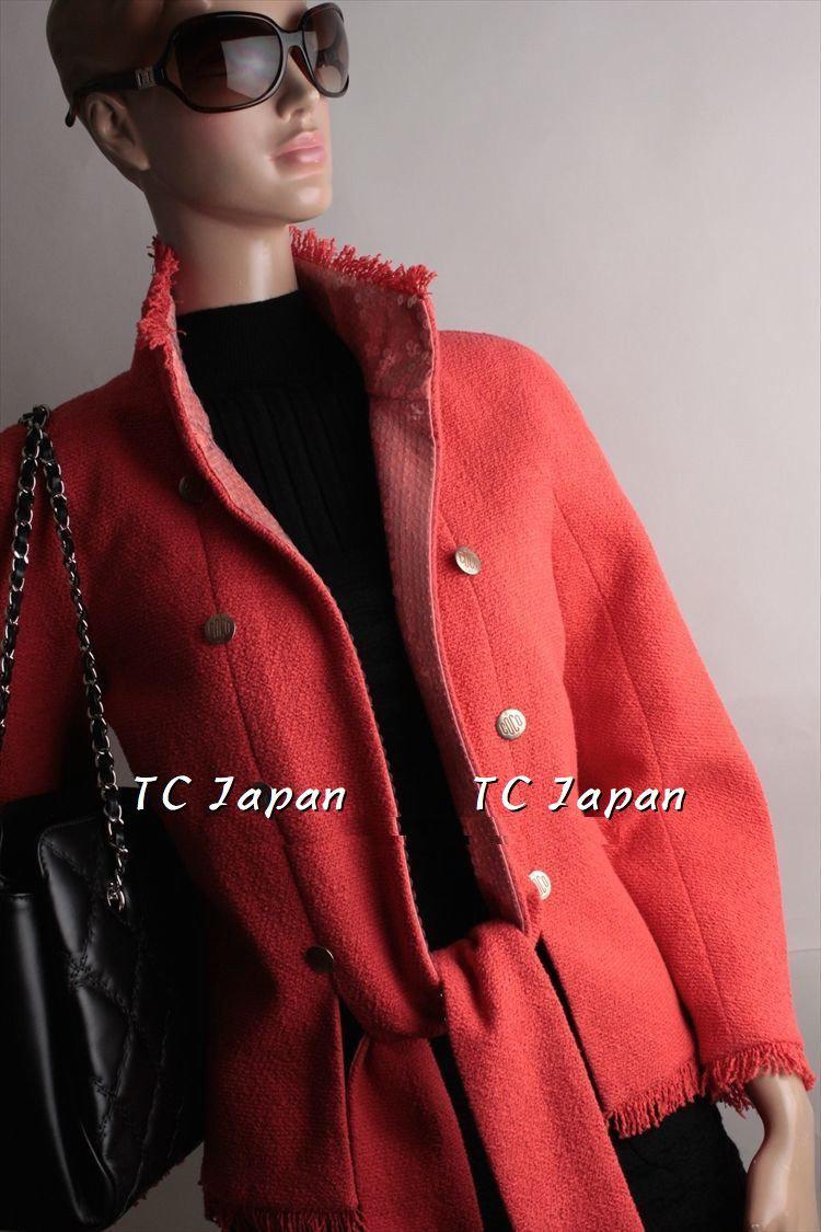 CHANEL 08C Coral Red Fringe Embellished Boucle Jacket Dress 38 シャネル コーラル・スパンコール・ジャケット・ワンピース - CHANEL TC JAPAN