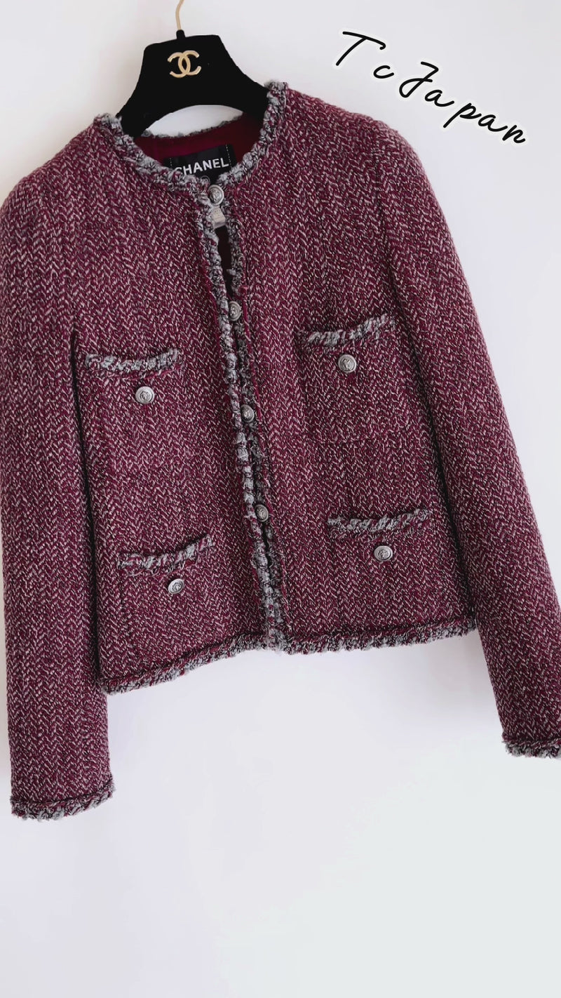 CHANEL 08A Red Grey Wool Tweed Jacket Skirt Suit 36 シャネル レッド・グレー・ウール・ツイード・ジャケット・スカート スーツ