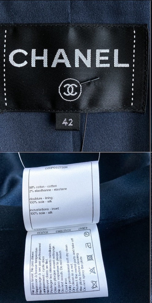 CHANEL 18PF Black Navy Velvet Chain Link Accent Jacket 42 シャネル ブラック ネイビー ベルベット・チェーン・ジャケット 即発