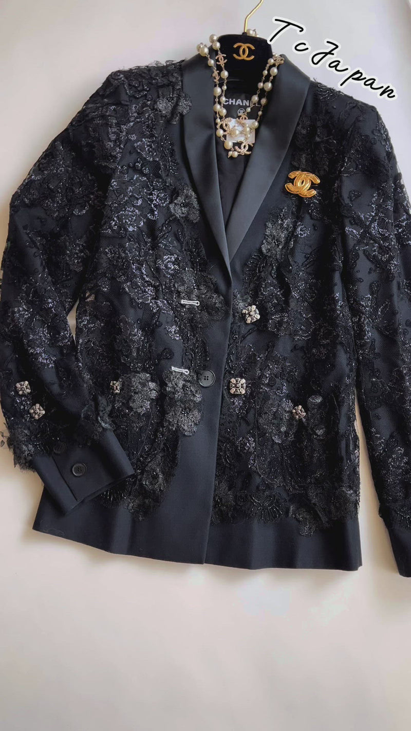 CHANEL 11A Black Floral Lesage Lace Silk Jacket 38 シャネル ブラック ルサージュ レース ビーズ サテン シルク ジャケット 即発