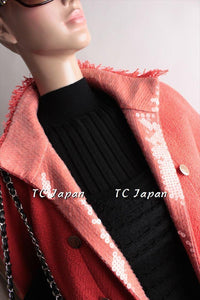 CHANEL 08C Coral Red Fringe Embellished Boucle Jacket Dress 38 シャネル コーラル・スパンコール・ジャケット・ワンピース - CHANEL TC JAPAN