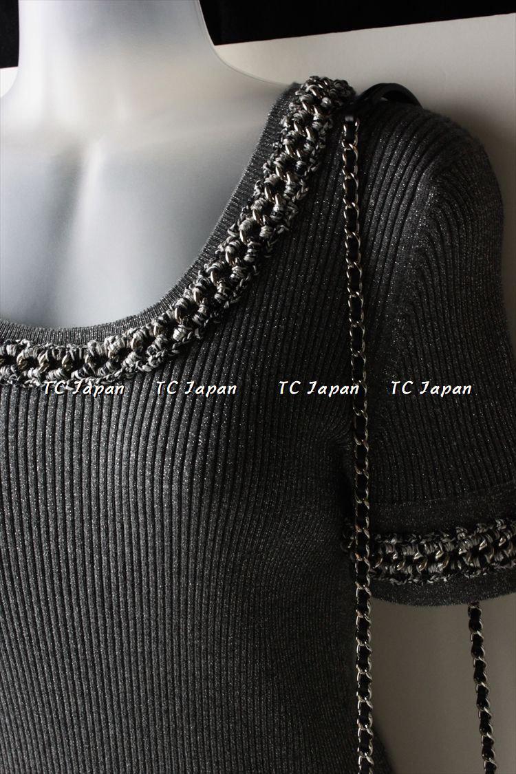 CHANEL 10S Grey or Black Chain Trim Kint Dress 36 シャネル ブラック・チェーントリム・ワンピース - シャネル TC JAPAN