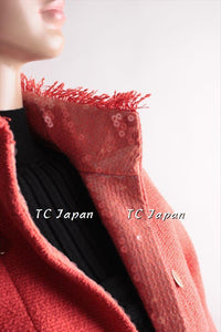CHANEL 08C Coral Red Fringe Embellished Boucle Jacket Dress 38 シャネル コーラル・スパンコール・ジャケット・ワンピース - CHANEL TC JAPAN