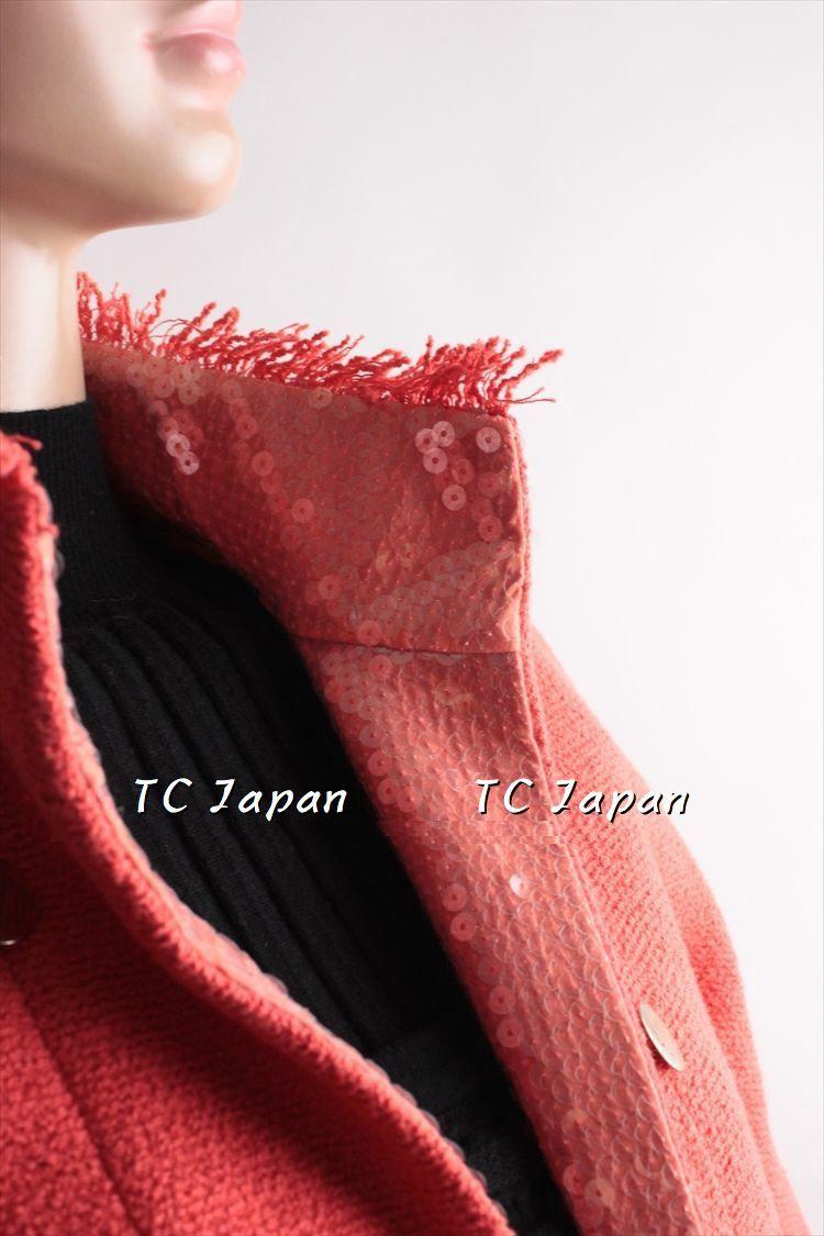 CHANEL 08C Coral Red Fringe Embellished Boucle Jacket Dress 38 シャネル コーラル・スパンコール・ジャケット・ワンピース - CHANEL TC JAPAN
