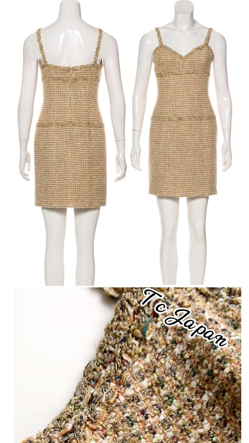 CHANEL 94S Vintage Gold Beige Tweed Dress 38 シャネル スーパーモデルのゴールド ツイード ワンピース・ 即発