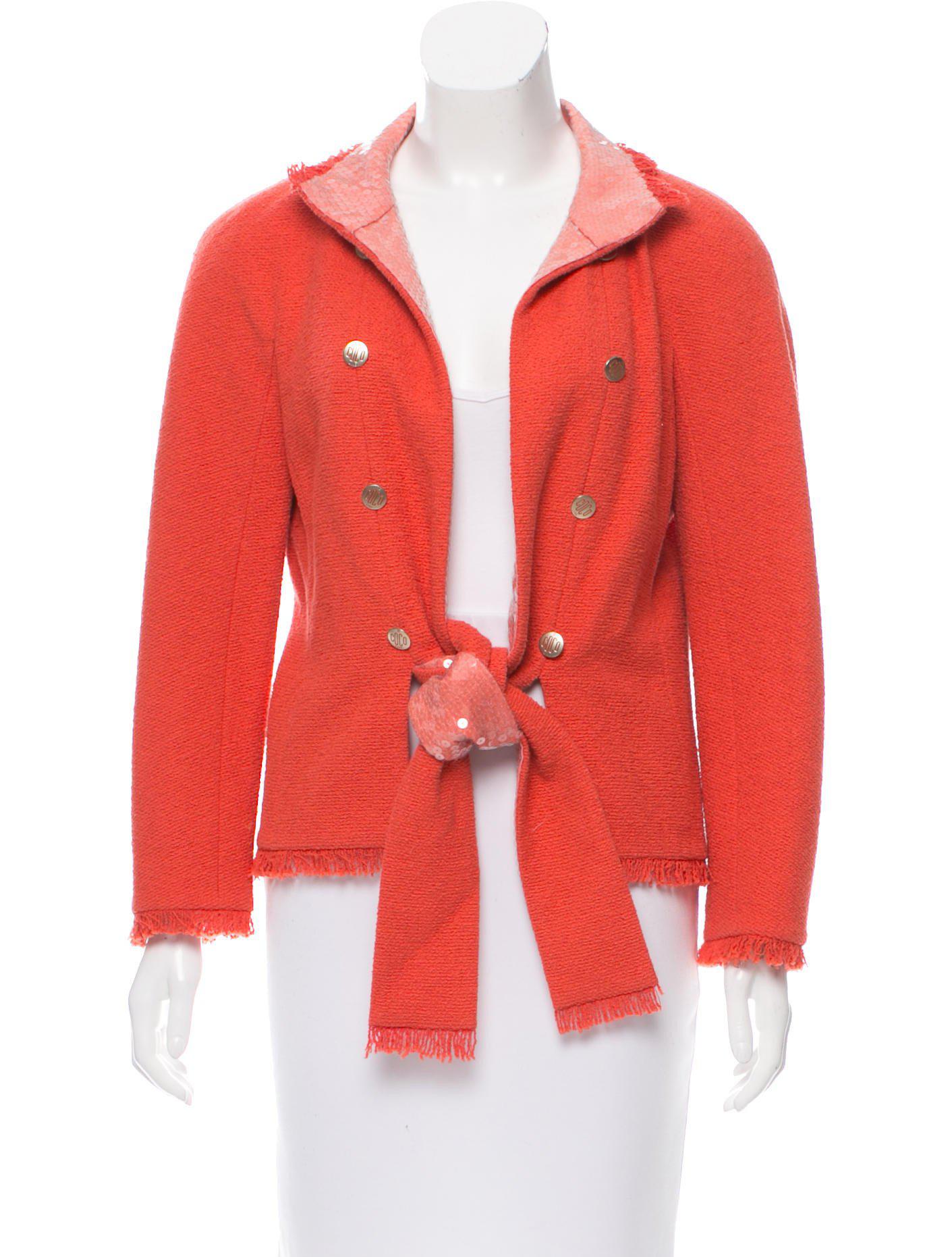 CHANEL 08C Coral Red Fringe Embellished Boucle Jacket Dress 38 シャネル コーラル・スパンコール・ジャケット・ワンピース - CHANEL TC JAPAN