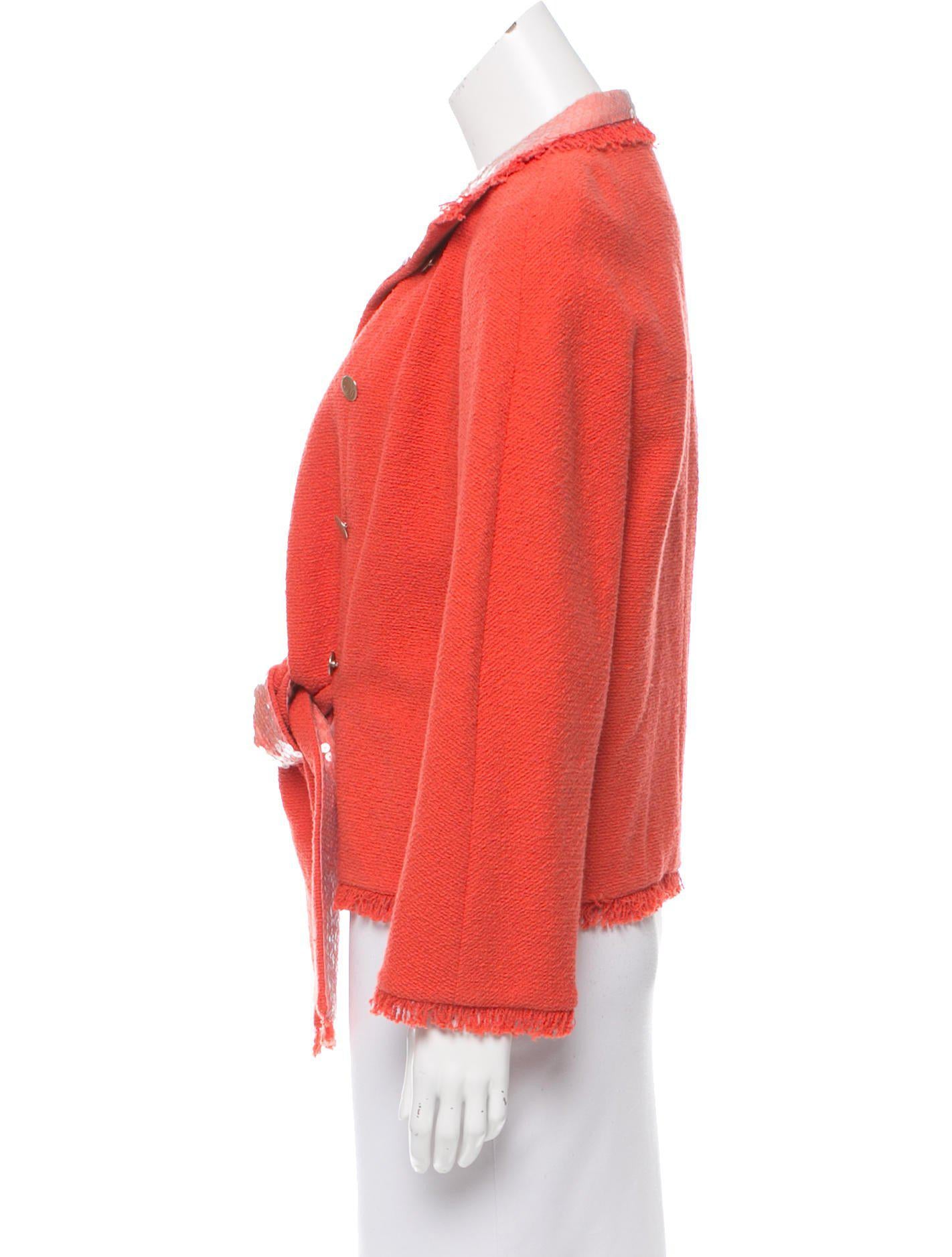 CHANEL 08C Coral Red Fringe Embellished Boucle Jacket Dress 38 シャネル コーラル・スパンコール・ジャケット・ワンピース - CHANEL TC JAPAN