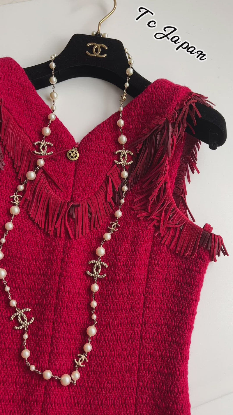 CHANEL 14PF Red Fringe Leather Wool Tweed Dress 34 シャネル レッド・ウール・レザートリミング・ワンピース 即発