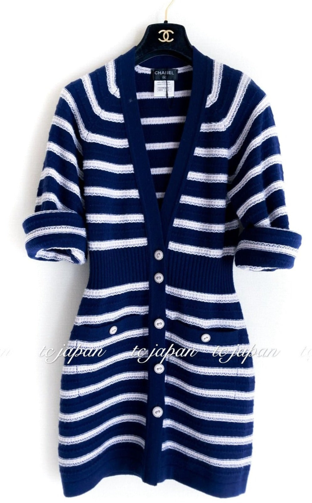 CHANEL 15S Blue Stripe Cashmere Cardigan Dress 34 36 シャネル ブルー ストライプ カシミア100 カーディガン ワンピース 即発