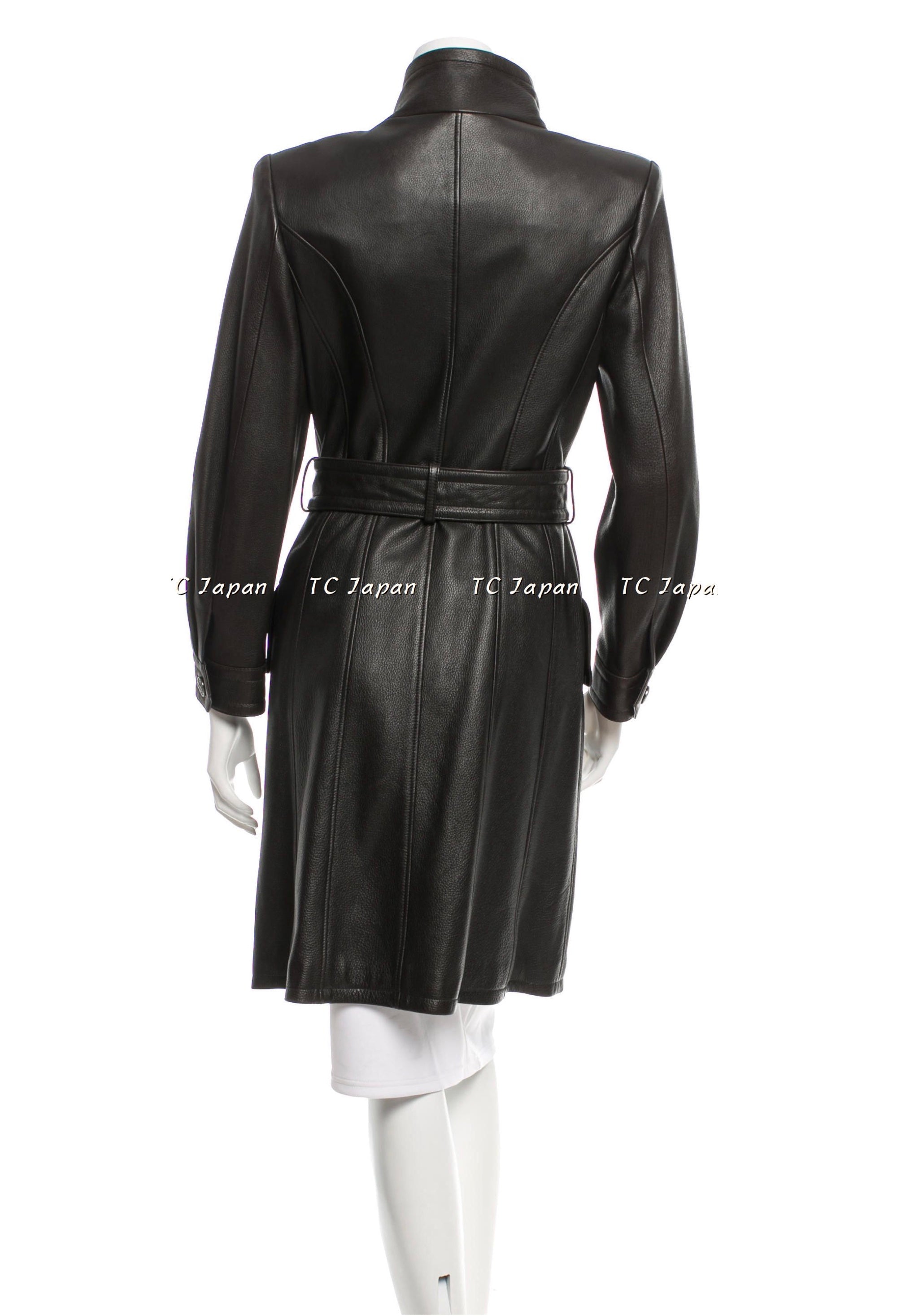 CHANEL 97A choco Black Leather Trench Coat 36 シャネル チョコ ブラック・レザー・ジャケット コート