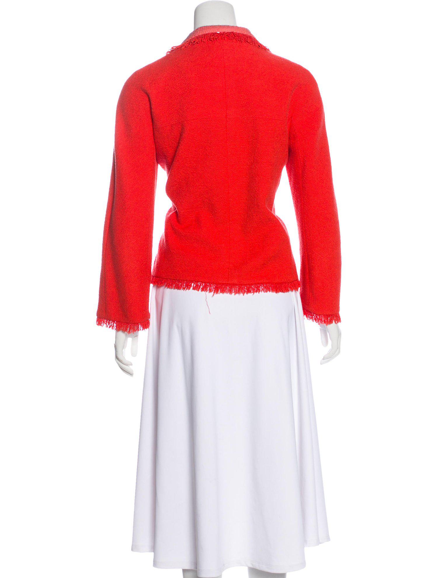 CHANEL 08C Coral Red Fringe Embellished Boucle Jacket Dress 38 シャネル コーラル・スパンコール・ジャケット・ワンピース - CHANEL TC JAPAN