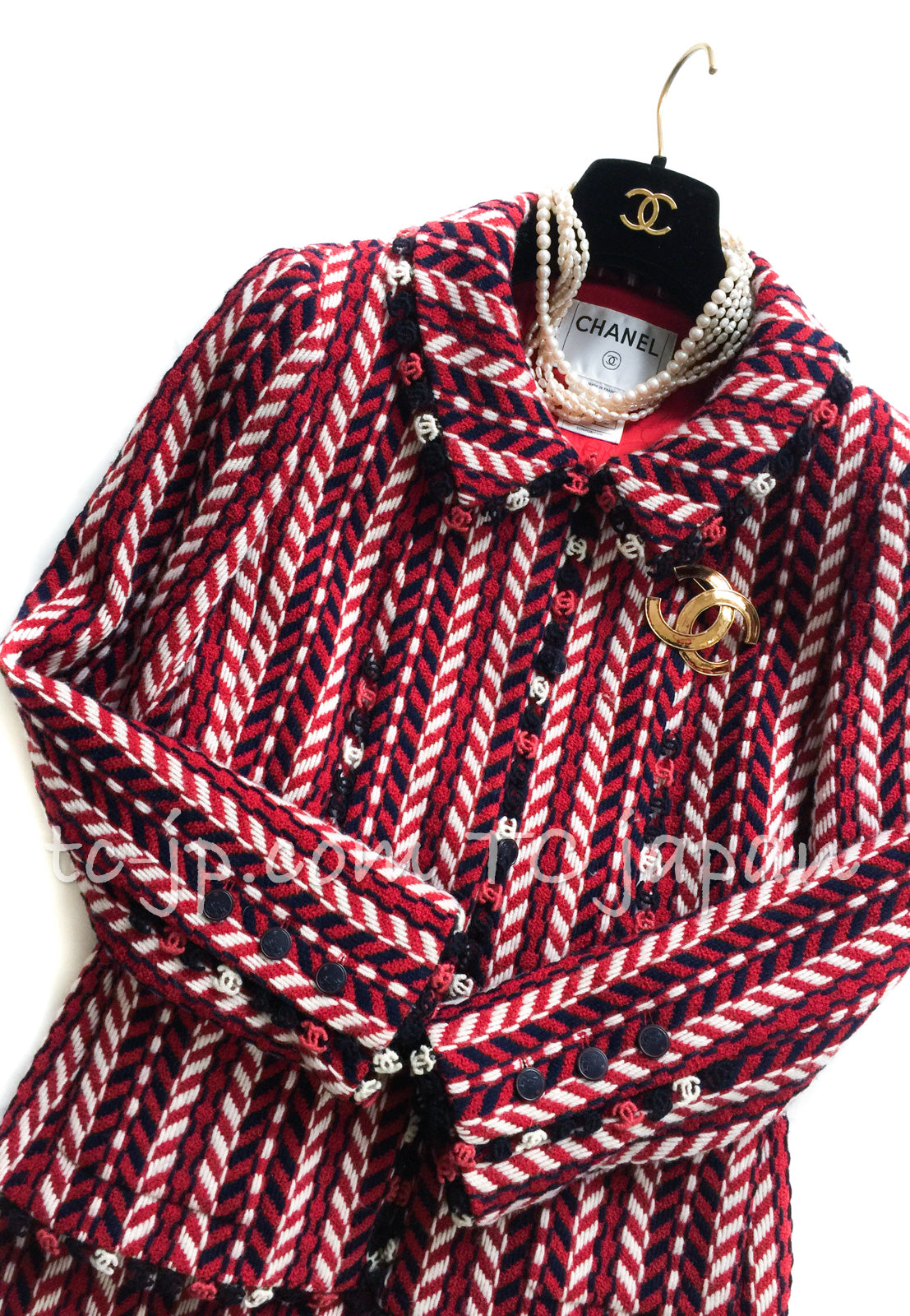 CHANEL 04A Red Navy Tricolore CC Logo Trim Wool Tweed Jacket Skirt Suit 36  38 ① シャネル レッド ネイビー トリコロール ウール ツイード ジャケット スカート スーツ 即発