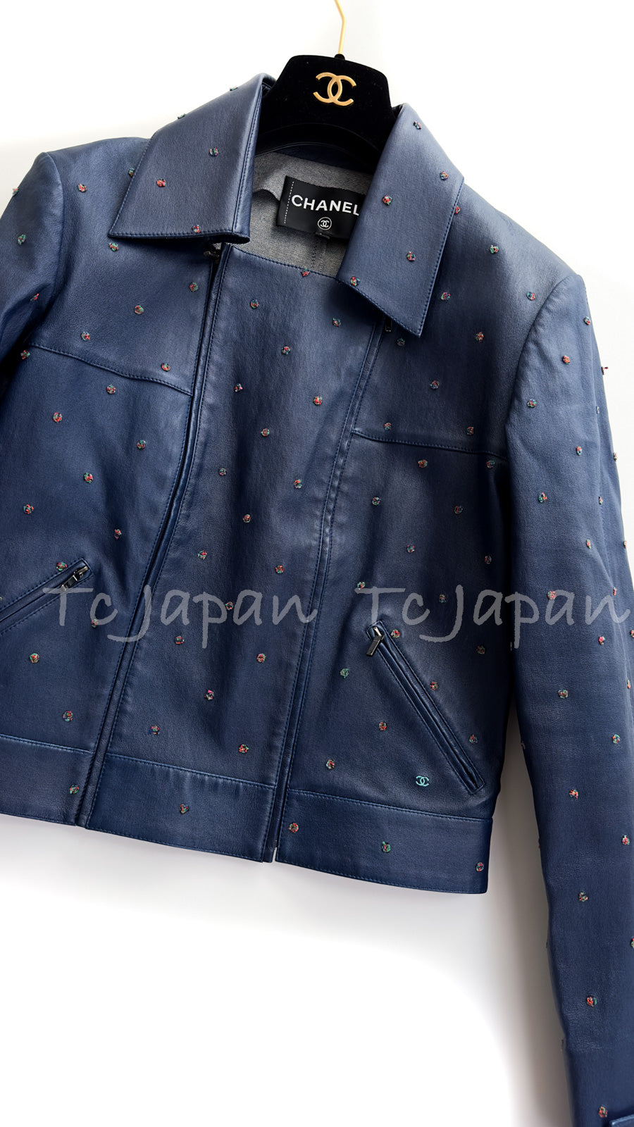 CHANEL 17PS Navy Lambskin Leather Zipper Motorcycle Jacket 36 38 シャネル ネイビー  ラムスキン レザー ダブル ジッパー ライダース ジャケット 即発