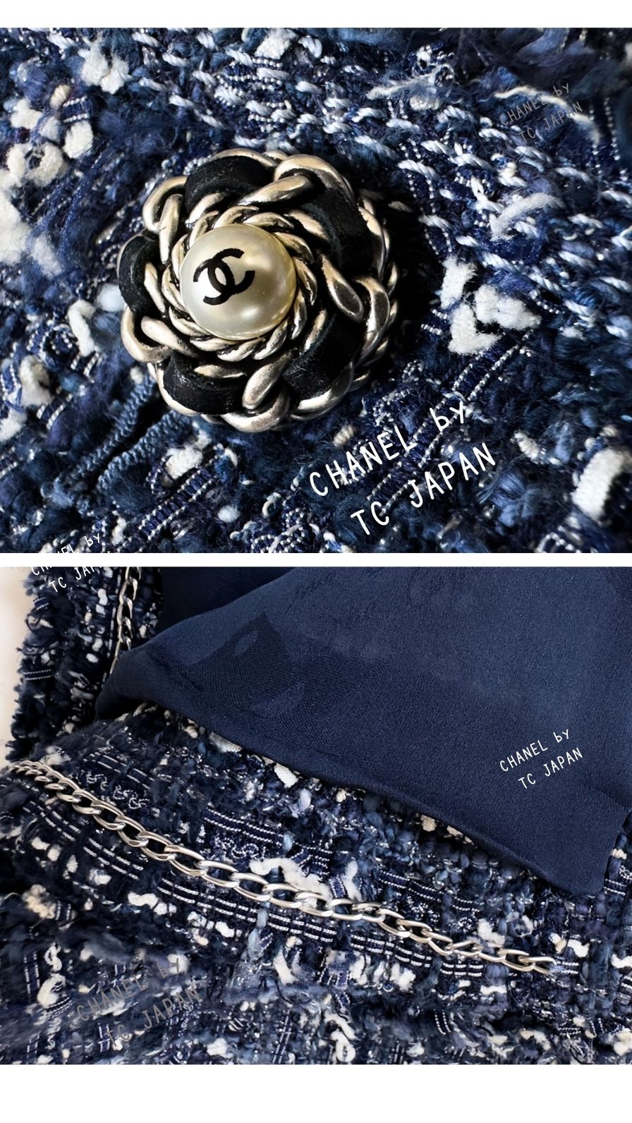 CHANEL 10S Blue Navy Metallic Pearl leather CC Button Tweed Jacket 38 42  シャネル ネイビー・パール レザーCCボタン・ルサージュ・ツイード・ジャケット 即発