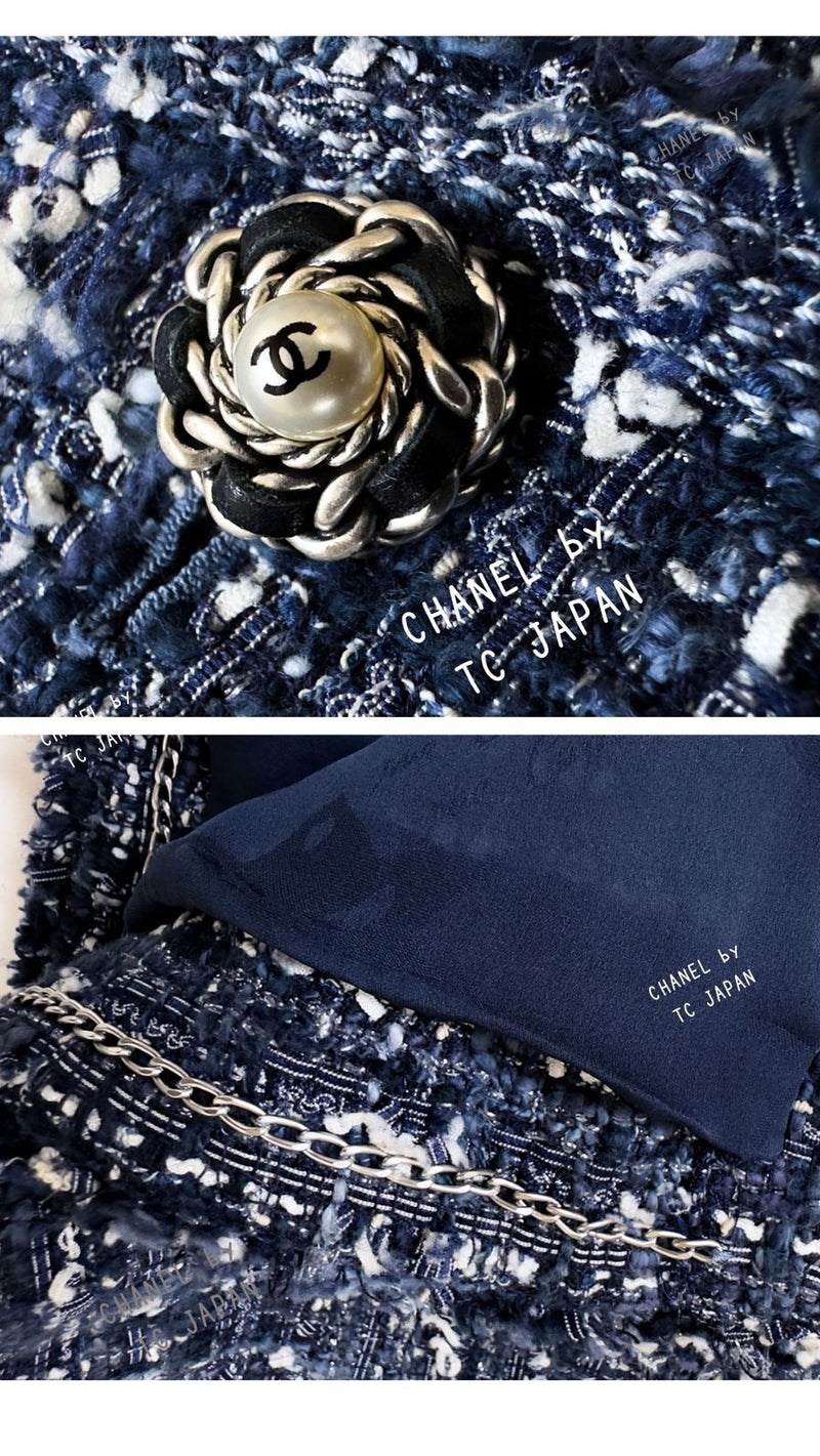 CHANEL 10S Blue Navy Metallic Pearl leather CC Button Tweed Jacket 42 シャネル ネイビー・パール レザーCCボタン・ルサージュ・ツイード・ジャケット 即発
