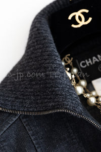 CHANEL 03A Dark Gray Cotton Denim KATE MOSS Knit Collar Front Zipper Jacket 38 シャネル ダーク グレー コットン デニム ニット 襟 フロント ジッパー ジャケット