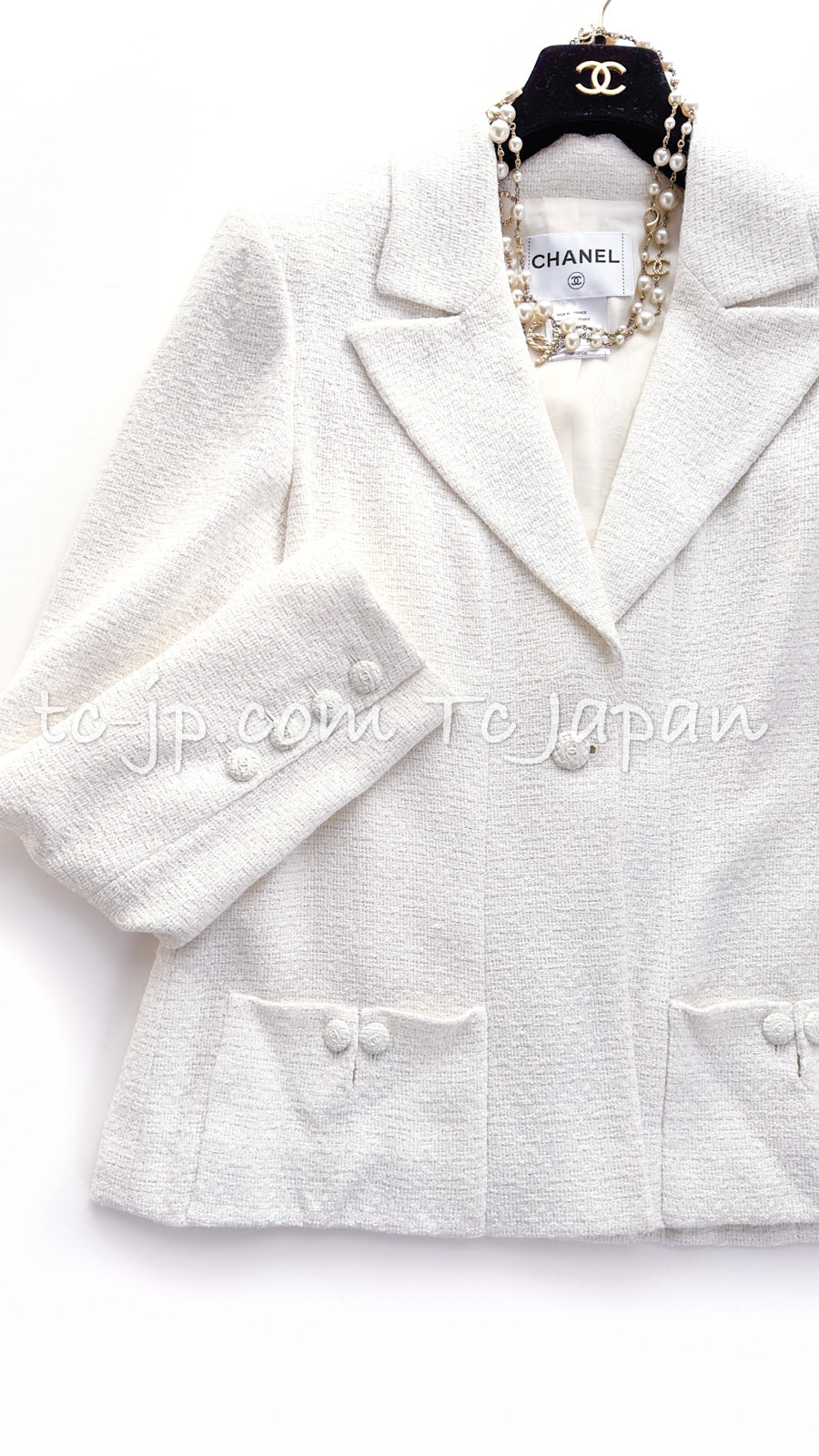 CHANEL 09C White Silver CC Logo Button Jacket 46 シャネル ホワイト・メタリック シルバー・貴重な  手製 コットン・ツイード・ジャケット CCロゴボタン 即発