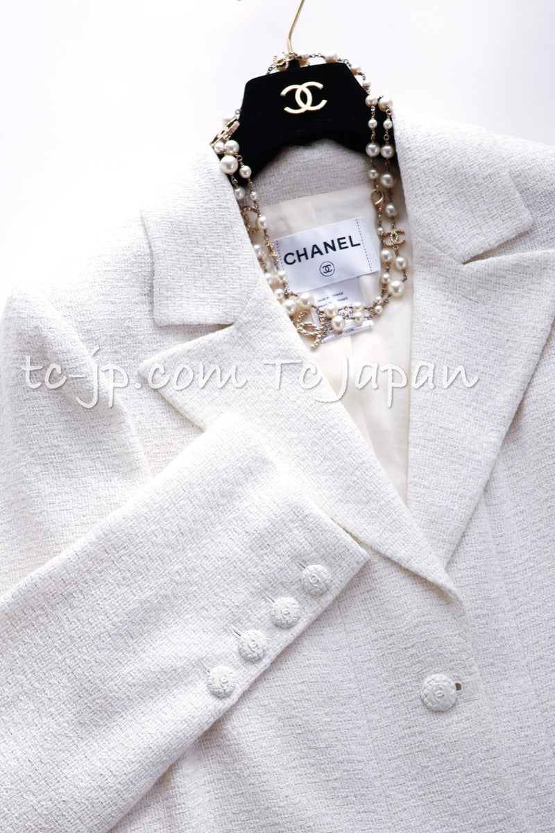 CHANEL 09C White Silver CC Logo Button Jacket 46 シャネル ホワイト・メタリック シルバー・貴重な 手製 コットン・ツイード・ジャケット CCロゴボタン 即発
