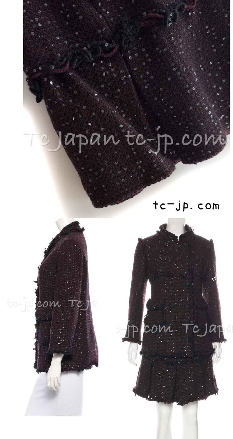CHANEL 07PF Plum Burgundy Sequin Tweed Jacket Coat Skirt Suit 38 40 シャネル プラム バーガンディー スパンコール ツイード ジャケット コート スカート スーツ 即発