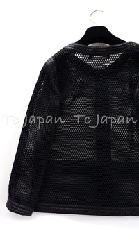 CHANEL 14S Black PolyTechno Mesh CC Zipper Cardigan Jacket 36 シャネル ブラック メッシュ 異素材ポリテクノ ノーカラー CCジッパー カーディガン ジャケット