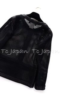 CHANEL 14S Black PolyTechno Mesh CC Zipper Cardigan Jacket 36 シャネル ブラック メッシュ 異素材ポリテクノ ノーカラー CCジッパー カーディガン ジャケット 即発